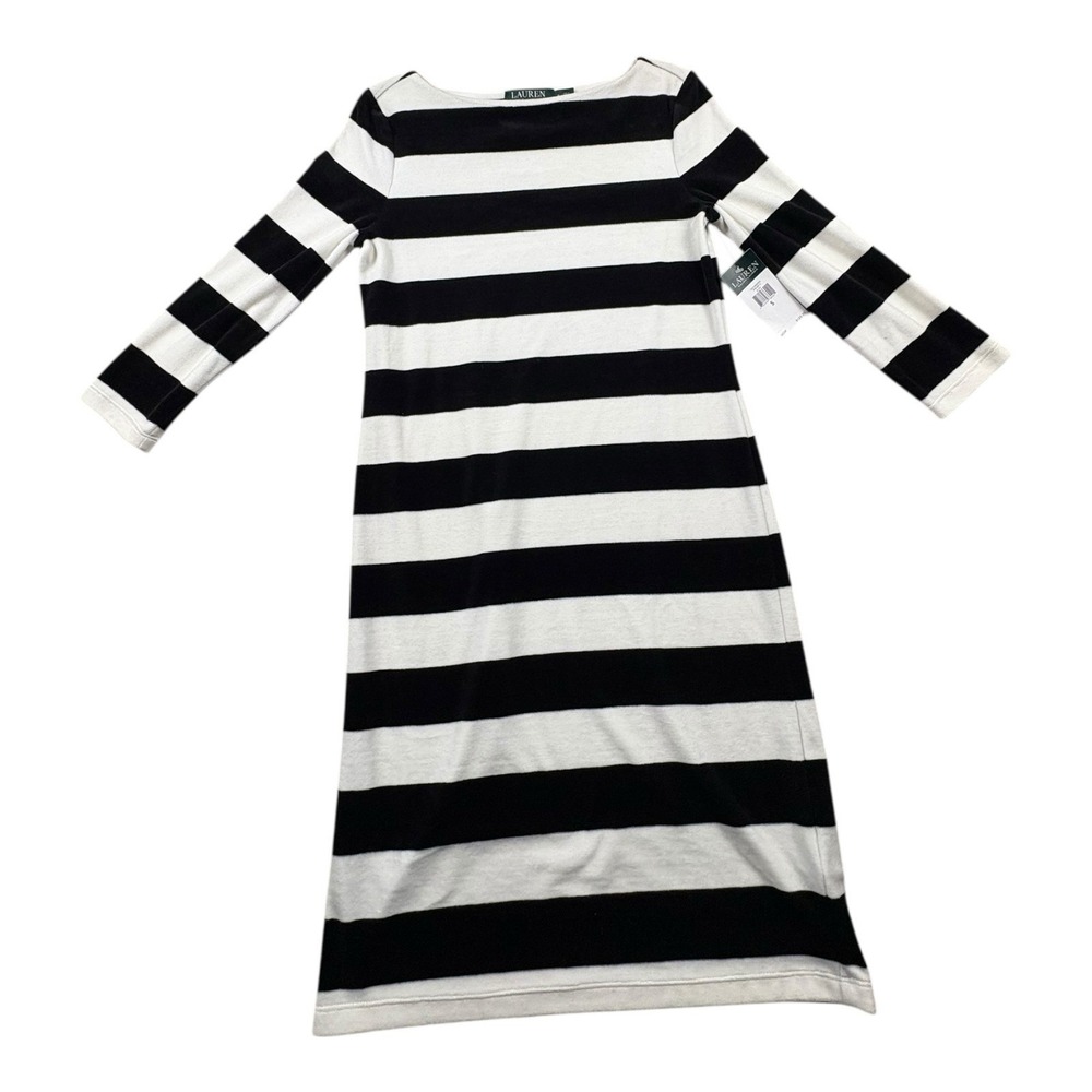 Lauren Ralph Lauren Black White Stripe Knit Dress 3/4 Sleeve Size Small NWT